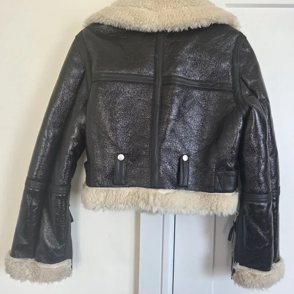 Faux Shearling Lined Dark Chocolate/Black Vinyl Faux Leather Jacket - Picture 5 of 9